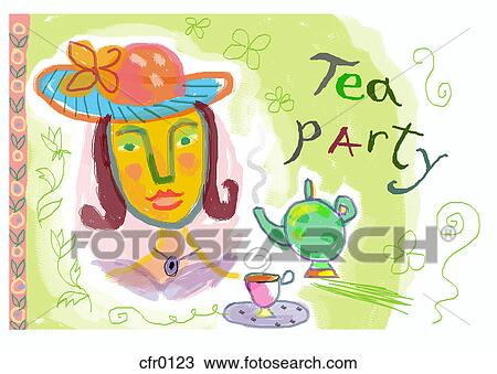 Drawing - A woman having a tea party. Fotosearch