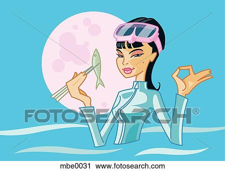 A woman in wetsuit eating fresh sushi View Large Illustration Clip Art - A woman in wetsuit eating fresh sushi. Fotosearch