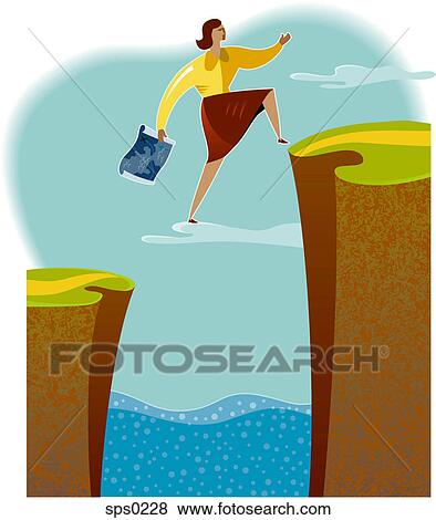 A woman jumping over a crevasse View Large Illustration Stock Illustration - A woman jumping over a crevasse. Fotosearch
