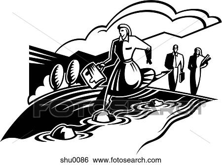 Stock Illustration - A woman leaping on stones across a stream. Fotosearch