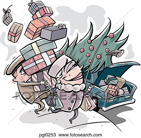 A woman on a Christmas shopping spree View Large Illustration Drawing - A woman on a Christmas shopping spree. Fotosearch
