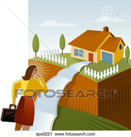 Clip Art - A woman on a path leading to a house. Fotosearch