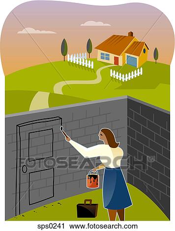 A woman painting a door on a brick wall View Large Illustration Clip Art - A woman painting a door on a brick wall. Fotosearch