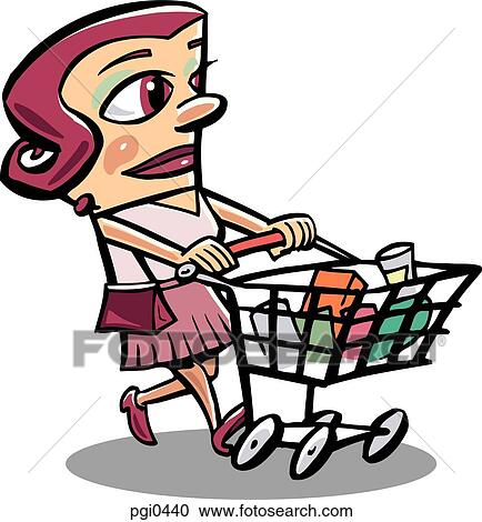 Clipart - A woman pushing a grocery shopping cart. Fotosearch