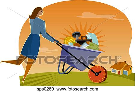 A woman pushing a wheelbarrow View Large Illustration Clipart - A woman pushing a wheelbarrow. Fotosearch
