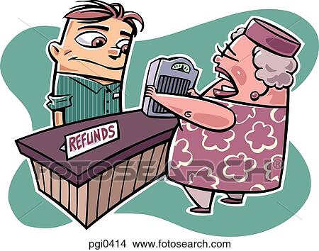 A woman returning a weighing scale and demanding a refund View Large Illustration Stock Illustration - A woman returning a weighing scale and demanding a refund. Fotosearch