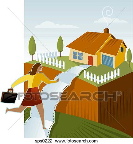 A woman running on a path to a house View Large Illustration Drawing - A woman running on a path to a house. Fotosearch
