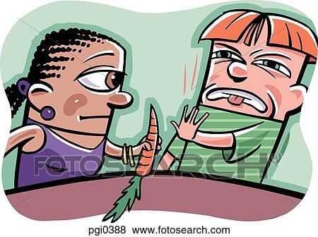 Stock Illustration - A woman trying to get a boy to eat a carrot. Fotosearch