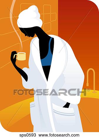 A woman wearing a robe and drinking a cup of tea View Large Illustration Drawing - A woman wearing a robe and drinking a cup of tea. Fotosearch