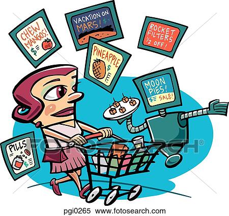 A woman with a shopping cart in a grocery store View Large Illustration Stock Illustration - A woman with a shopping cart in a grocery store. Fotosearch