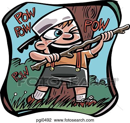 Drawing - A young boy playing with a stick turned into a mock gun. Fotosearch