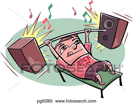 Stock Illustration - A young man lifting weights made of speakers. Fotosearch