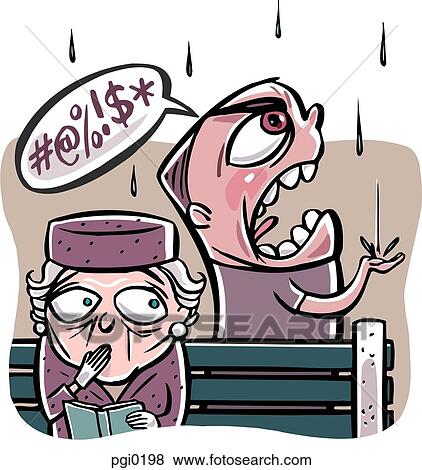 Stock Illustration - An angry man shocks the elderly woman with his foul language as he curses the weather. Fotosearch