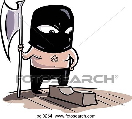 Stock Illustration - An executioner holding an axe standing beside a chopping block. Fotosearch