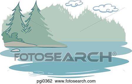 Drawing - An illustration of a scene at a lake. Fotosearch