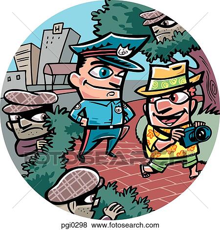 An oblivious tourist being watched by thieves and a policeman View Large Illustration Stock Illustration - An oblivious tourist being watched by thieves and a policeman. Fotosearch