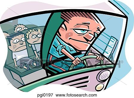 Stock Illustration - An unhappy bus driver driving a bus full of children. Fotosearch