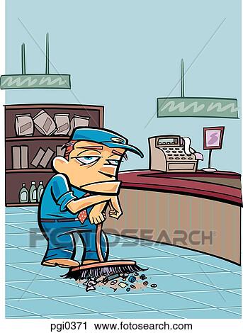 An unhappy janitor sweeping the floor View Large Illustration Clip Art - An unhappy janitor sweeping the floor. Fotosearch