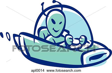 Stock Illustration - Cartoon drawing of an alien driving a spaceship. Fotosearch