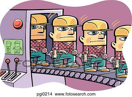 Stock Illustration - Cloned workers coming out of a machine on a conveyor belt. Fotosearch