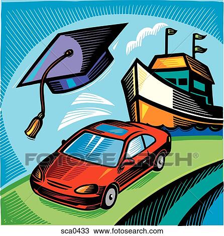 Drawing of a new graduate's academic cap, a boat and a car View Large Illustration Drawing - Drawing of a new graduate's academic cap, a boat and a car. Fotosearch