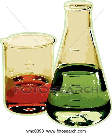 Drawing - Illustration of a pair of beakers with coloured liquid inside. Fotosearch