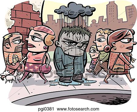Clip Art - Pedestrians walking past a grumpy man on a pavement. Fotosearch