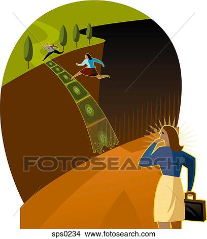 Stock Illustration - People crossing a disappearing bridge made of money while a woman looks on. Fotosearch
