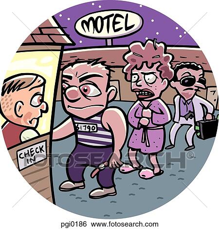 Stock Illustration - People lining up to check into a motel. Fotosearch