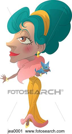 Clip Art - Portrait of a rich woman holding her pet dog. Fotosearch