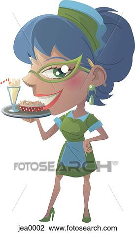 Portrait of a waitress holding a tray View Large Illustration Drawing - Portrait of a waitress holding a tray. Fotosearch