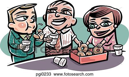 Drawing - Staff having donuts and coffee. Fotosearch