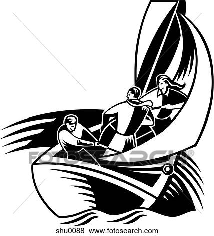 Stock Illustration - Three men on a sail boat. Fotosearch