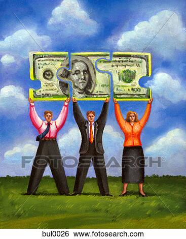 Stock Illustration - Three people lifting a Dollar bill. Fotosearch