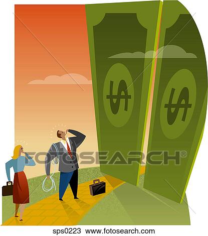 Two business people looking at giant doors made of money View Large Illustration Drawing - Two business people looking at giant doors made of money. Fotosearch