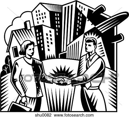 Two business people shaking hands in front of buildings View Large Illustration Drawing - Two business people shaking hands in front of buildings. Fotosearch