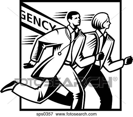 Stock Illustration - Two doctors running into the ER shown in black and white. Fotosearch