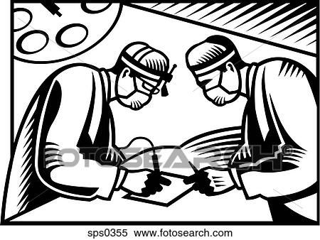 Two surgeons performing surgery on a piece of paper illustrated in black and white View Large Illustration Stock Illustration - Two surgeons performing surgery on a piece of paper illustrated in black and white. Fotosearch