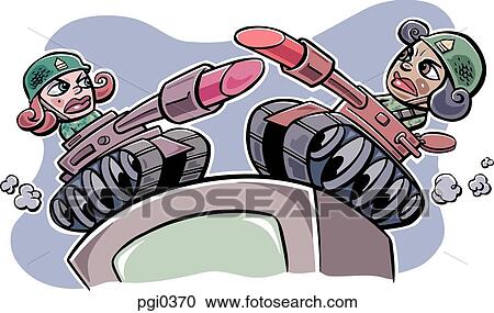 Clipart - Two women fighting in a makeup war. Fotosearch