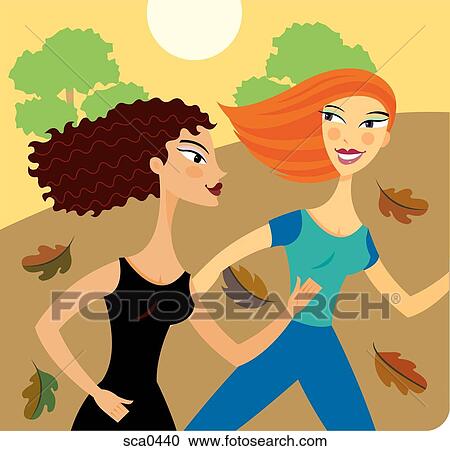 Clipart - Two women taking an early morning walk. Fotosearch