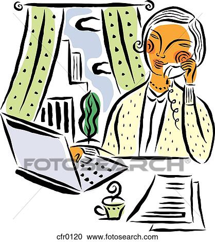 Woman working on laptop while talking on the phone View Large Illustration Clipart - Woman working on laptop while talking on the phone. Fotosearch