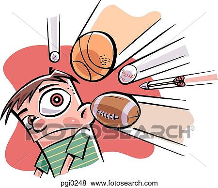 Stock Illustration - Young man with sports equipment flying at him. Fotosearch