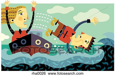 A 人 だれか 持つ 落ちている Overboard に 水 間 彼の 友人 顔つき 上に 中に A パニック イラスト Rha0026 Fotosearch