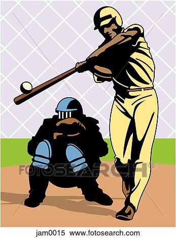 Stock Illustration - A baseball player taking a swing with a catcher in the background. Fotosearch