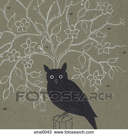 A black owl sitting on top of a tree stump View Large Illustration Drawing - A black owl sitting on top of a tree stump. Fotosearch