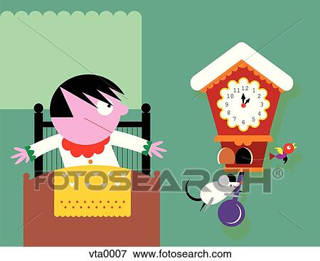 Stock Illustration - A boy being woken up by his alarm clock. Fotosearch