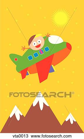Drawing - A boy in a green and red plane. Fotosearch