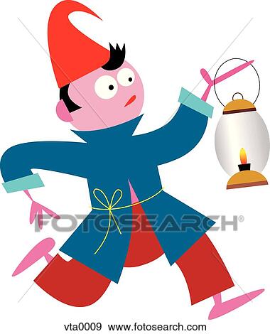 Stock Illustration - A boy running while carrying a lantern. Fotosearch