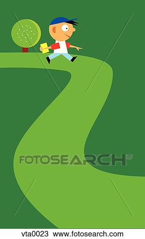 Drawing - A boy walking down a lane in a park. Fotosearch