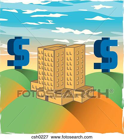 Stock Illustration - A building nestled between two giant dollar signs. Fotosearch